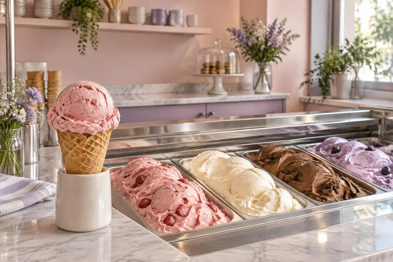 Ambiente ilustrativo de balcão de sorveteria com cubas de sorvete e casquinha