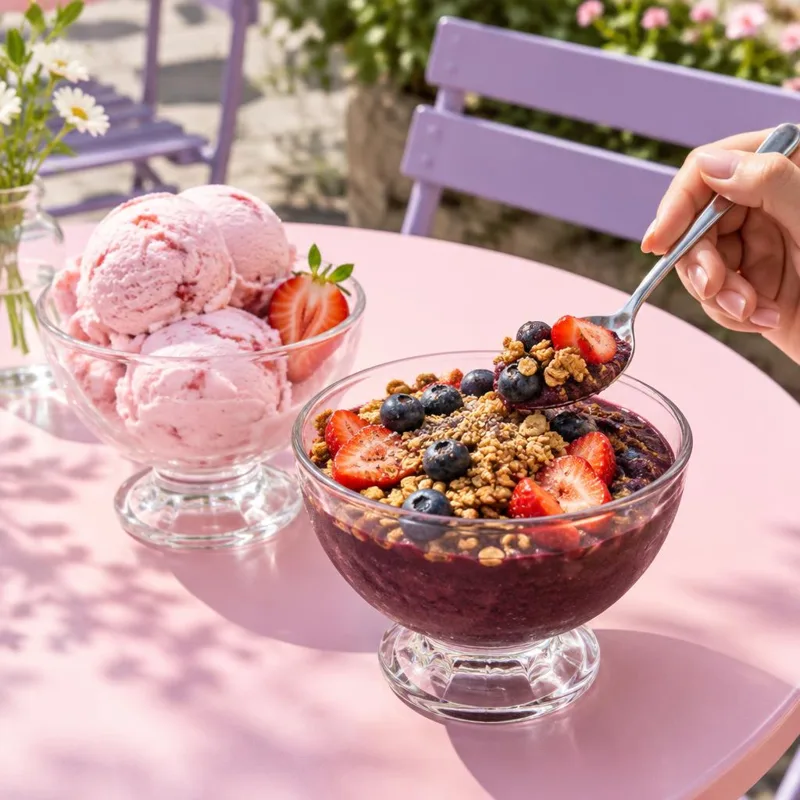 Momento ilustrativo de consumo de sorvete e açaí em uma mesa ao ar livre